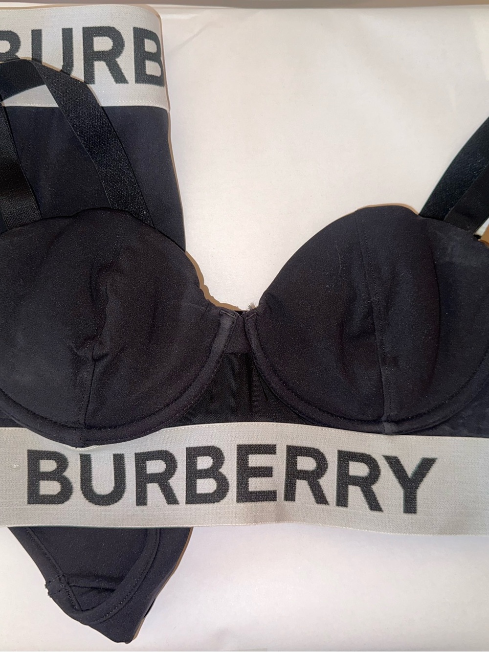 NWT Burberry Black Molded-Cup Logo Elastic Bra S and high waisted bottom M.